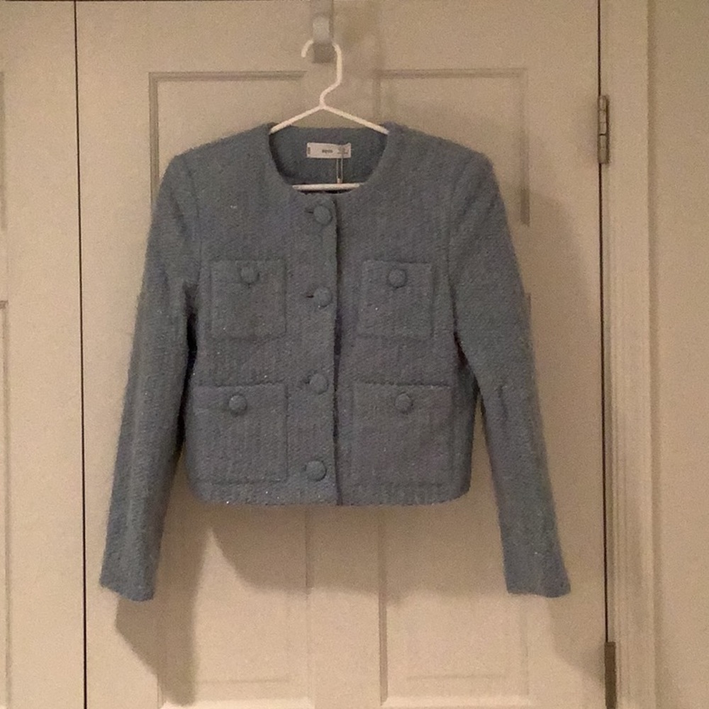Mango ladies blue and sparkle short tweed jacket
